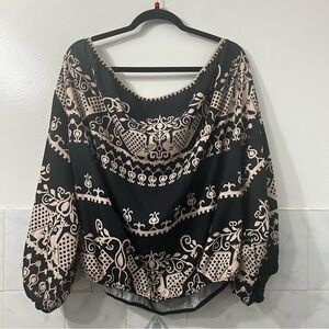 Women’s Boho Aztec Tribal Off Shoulder Puff Sleeve Top Blouse Black Beige 1X